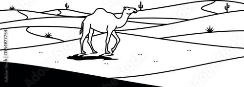 A charming outline illustration depicts a lone camel gracefully traversing vast desert dunes under a bright blue sky, embodying resilience and traditional desert life with minimalistic artistry.