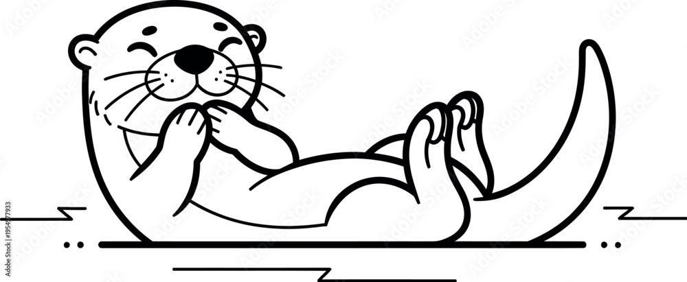 Fototapeta premium A delightful and charming cartoon otter illustration happily floating on its back, capturing a moment of playful relaxation and joy in a minimalist black and white line art style.