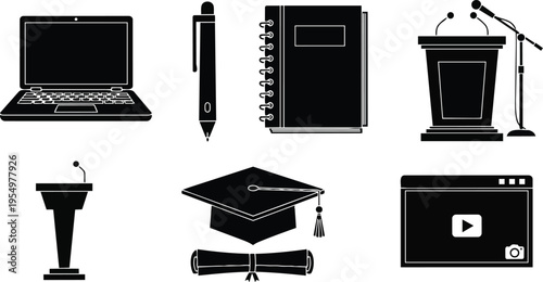 Minimalist icon set of educational tools laptop pen notebook podium microphone graduation cap diploma and video window for coloring book black outline simple line art isolated