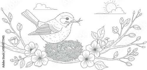 A charming bird diligently builds its cozy nest on a blossoming branch, gathering twigs with care, signifying spring's arrival and the promise of new life, perfect for a peaceful coloring activity.