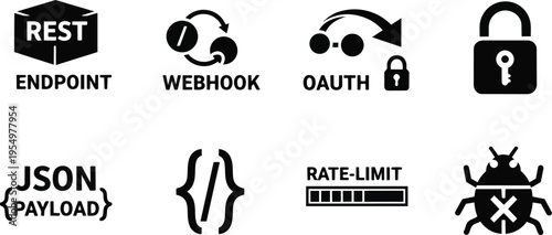 Flat icon vector art black and white api security icons set for coloring book with endpoint webhook oauth lock json payload rate limit bug braces minimalist