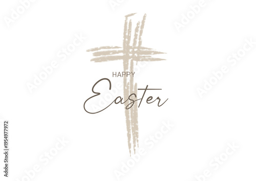 Happy Easter lettering with a textured Christian cross. Minimalist religious holiday typography on transparent background. Isolated PNG illustration.