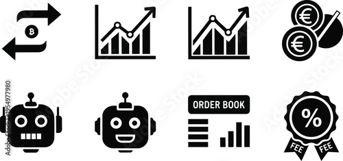 Minimalist vector icons set close up finance and trading symbols bitcoin euro robots order book and fee badge for coloring book black line art simple outline