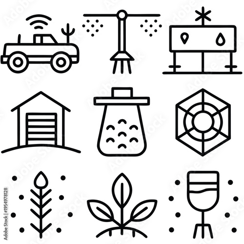 Illustration of a series of agricultural technology icons, showcasing modern farming methods and innovations in crop management. 