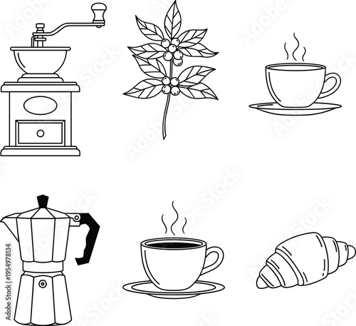 Coffee icon set featuring grinder plant cup moka pot and croissant