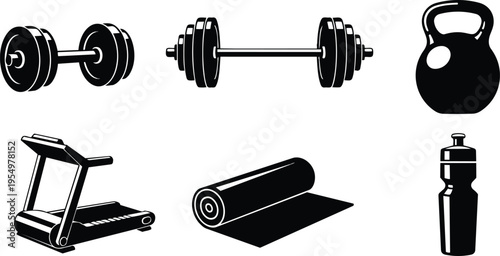 Minimalist vector icons set of gym equipment for coloring book featuring dumbbell barbell kettlebell treadmill yoga mat and water bottle simple line art isolated clean outline