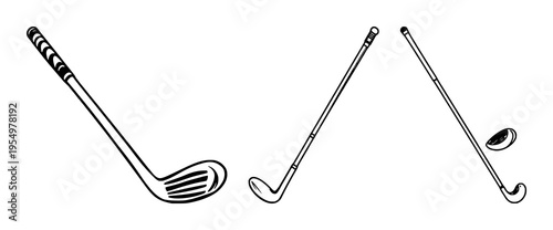 Vector black golf club icon. Game equipment. Professional sport, classic golf club for official competitions and tournaments. Isolated illustration. set with simple line art design featuring simple...
