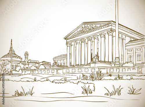 Great view on Washington DC, USA. Urban landscape. Hand drawn sketch. Sepia. Line Art. Vector background. Without people. Postcard style.