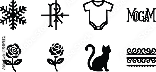 Minimalist vector icons close up snowflake rose cat baby onesie monogram ornamental border set for coloring book bold simple line art flat design black outline isolated