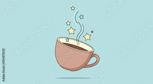 Steaming cup of coffee with magical stars floating on a blue background scene