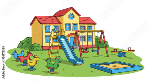 Children's playground with slide swings and sandbox in front of a cartoon