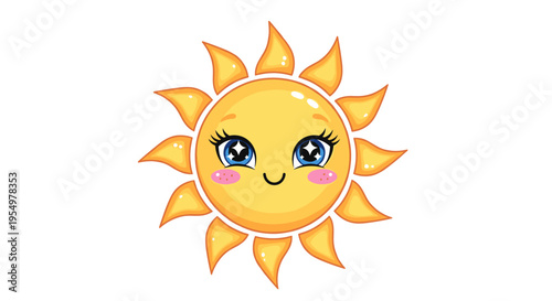 Cute cartoon sun with big blue eyes and rosy cheeks smiling cheerfully on white