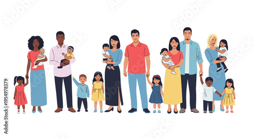 Diverse group of parents holding babies and children standing together on white
