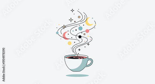 A steaming cup of coffee with swirling celestial patterns and stars rises high