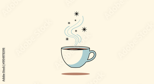 A steaming cup of coffee with sparkles rises in a cozy atmosphere indoors.