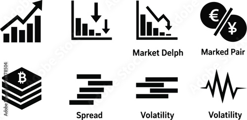 Flat icon style top down simple finance chart and cryptocurrency symbols set for coloring book detailed outlines for kids adults educational activity page black white printable