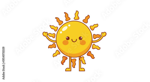 Cute cartoon sun character with outstretched arms and smiling face isolated