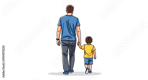 Father and young son walking hand in hand seen from behind depicting family