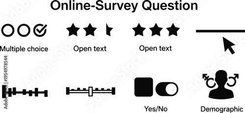 Vector line art survey icons for a coloring book flat user interface elements multiple choice rating slider toggle demographic text input cursor close up minimalist outline