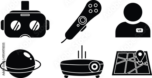Flat icon set close up virtual reality vr headset controller avatar planet projector map icons for coloring book simple bold outlines playful printable children learning symbols