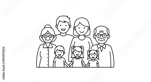 Diverse multi generational family portrait illustration happy parents