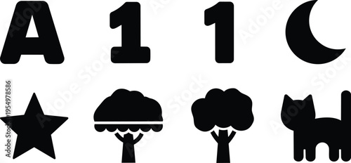 Simple vector icon set for a coloring book featuring letter a and number one crescent moon star two trees and cat silhouettes in black outline style