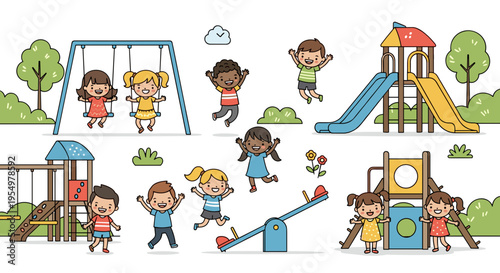 Diverse children enjoying playground equipment swings slides and seesaws