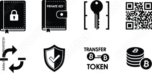 Minimalist vector icon set for coloring book showing crypto wallet private key physical key qr code coin token transfer shield security exchange arrows stack coins simple