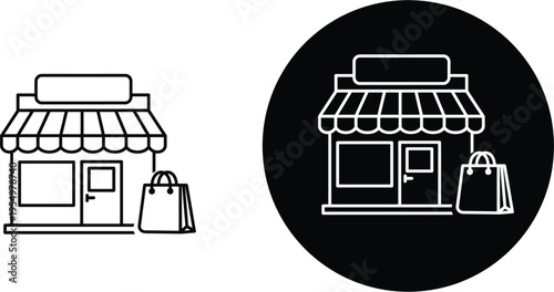Store icon set featuring shopping building design with bags for commerce
