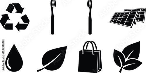 Minimalist vector icons eco set for coloring book featuring recycle solar panel toothbrush water drop single leaf shopping bag multiple leaves arranged in grid bold outlines