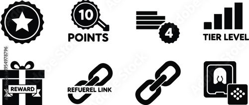 Flat icon set close up loyalty rewards and referral link icons showing points tier level gift chain link badge for a coloring book clean vector style