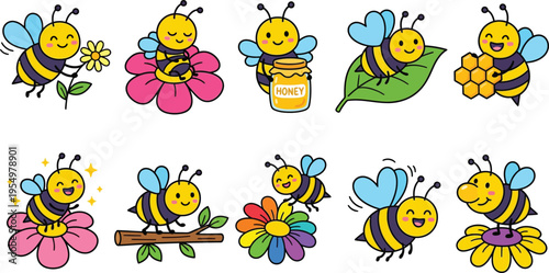 Cute smiling cartoon bees flying with flowers honey jar and honeycomb sitting on leaves and colorful petals playful vector art set with bright cheerful mood and simple shapes
