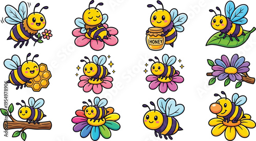 Cute cartoon bees in various actions flying holding flower sitting on colorful petals honey jar smiling and resting on leaves and branches vector art set