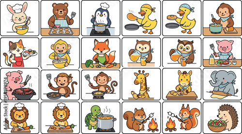 Cute animals cooking and preparing food in cartoon style with chefs hats and aprons including bunny bear penguin duck monkey cat pig giraffe elephant lion turtle squirrel hedgehog fox and owl