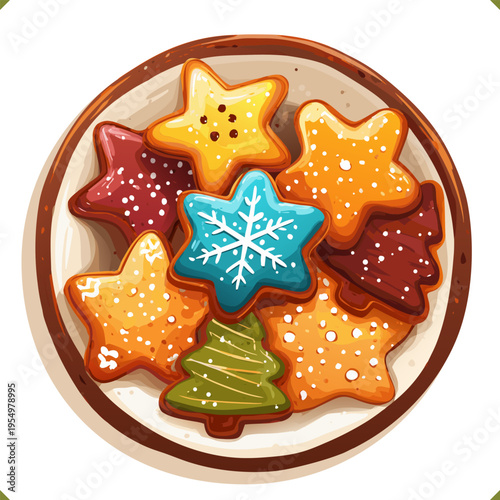 Vector illustration of a plate with assorted Christmas cookies in star and tree shapes, decorated with icing, isolated on a white background