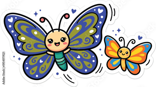 Colorful smiling butterfly pair with detailed wings in vibrant blue olive and orange yellow tones cute cartoon characters fluttering with hearts around happy mood sticker style vector art