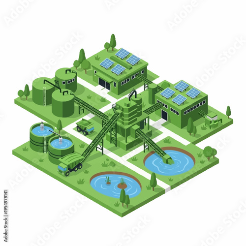 Isometric Industrial Water Treatment Plant with Solar Panels.