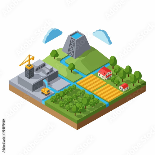 Isometric View of Sustainable Energy Production and Agriculture.