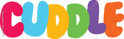 Cute colorful bubbly font typography letters spelling out word cuddle in vibrant playful colors with transparent background vector