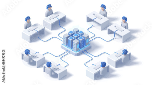 Isometric Contact Center with Customer Service Operators Connected to Central Server Hub, Technical Support Team Working at Computer Stations, Blue White 3D Business Network Infrastructure