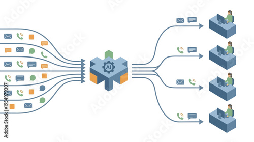 AI-Powered Contact Center Isometric Vector Illustration with Omnichannel Customer Support Routing and Automated Call Distribution System