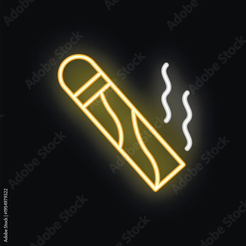 Neon sign representing a lit cigar smoking with smoke coming out on a black background