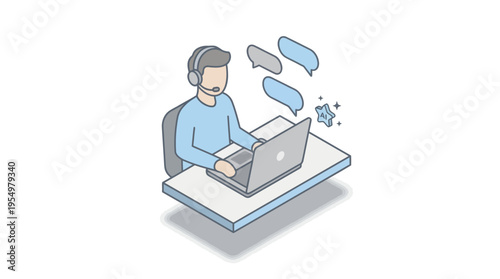 Isometric Customer Service Representative Working at Contact Center with Headset and Laptop, Online Support Agent Helping Clients, Technical Support Illustration in Flat 3D Style