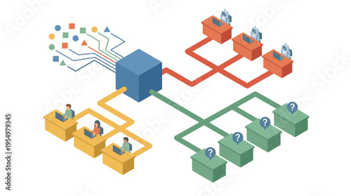 Isometric Contact Center Workflow Diagram with Customer Service Agents, Technical Support Routing, and Call Distribution Network System