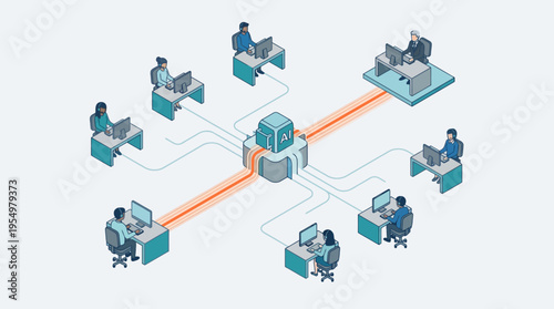 Isometric AI-Powered Contact Center with Diverse Agents Working at Desks Connected to Central Artificial Intelligence Hub, Modern Customer Service Technology Illustration