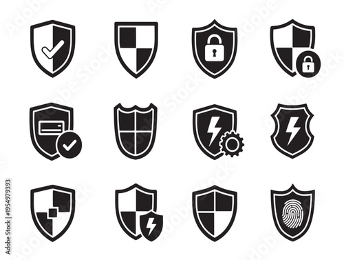 A collection of 12 black and white shield icons
