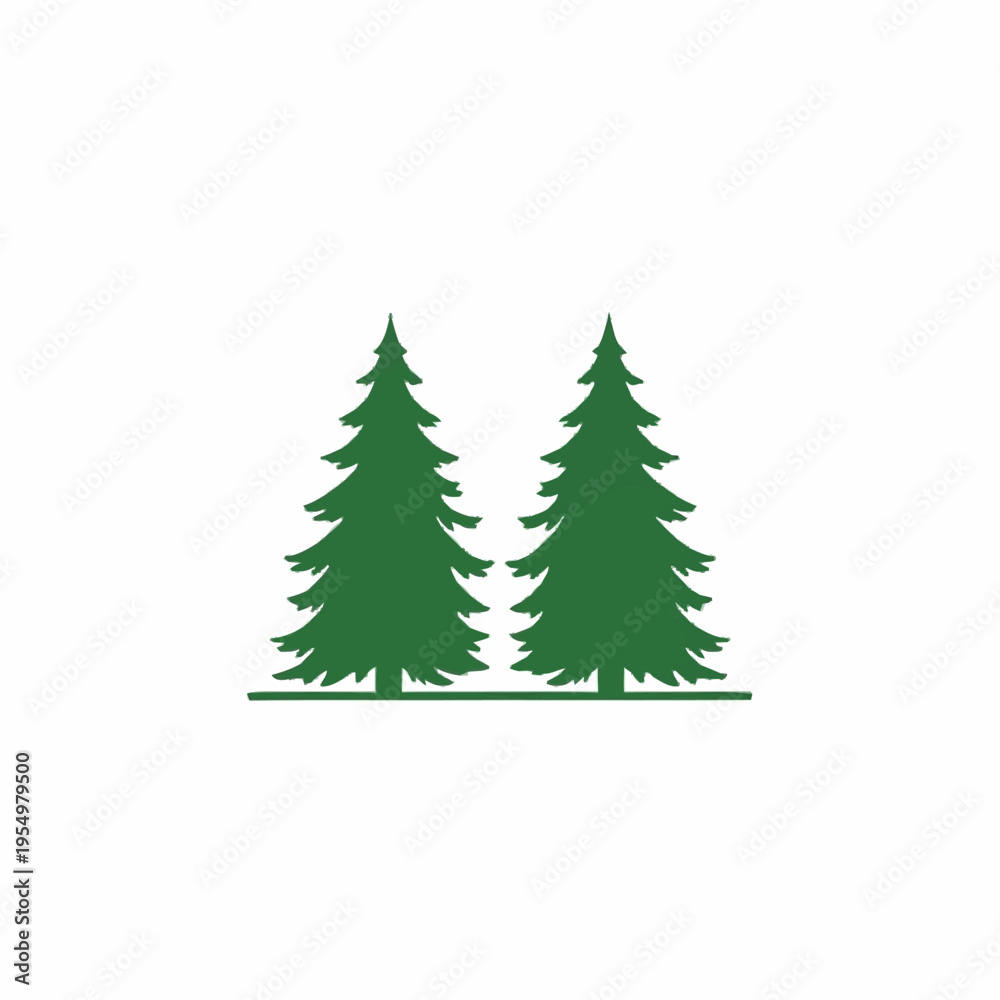 Fototapeta premium Two Green Pine Trees Silhouette on White Background.