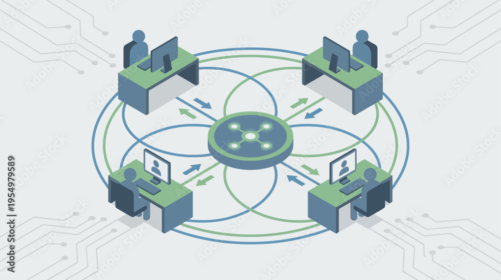 Obraz premium Isometric Contact Center Network with Connected Customer Service Agents and Central Data Hub, Modern Tech Support Communication System