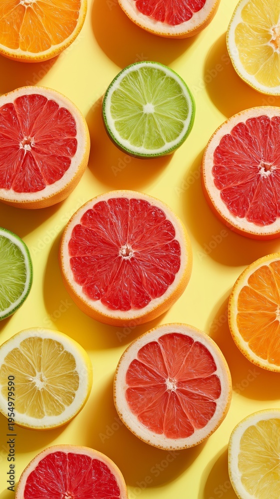 Fototapeta premium Vibrant citrus slices arranged on a sunny yellow backdrop