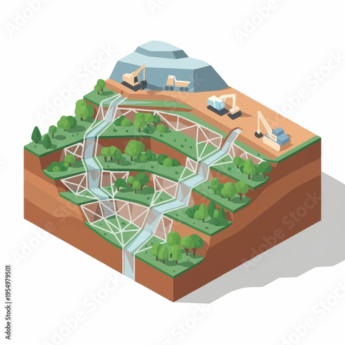Terraced Hillside Engineering with Water Features and Vegetation.